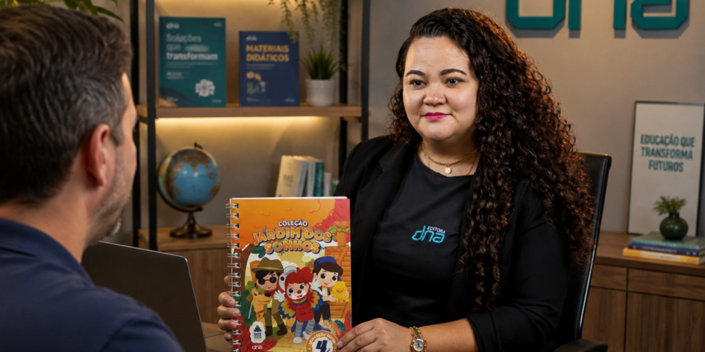 Consultora da Editora DNA apresentando a coleção Jardim dos Sonhos para representante de uma escola parceira, em reunião de acompanhamento