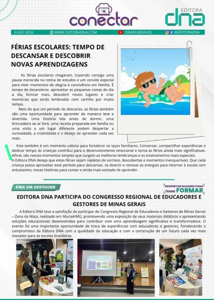 Capa da edição de julho de 2026 da revista Conectar da Editora DNA, com a matéria 'Férias escolares: tempo de descansar e descobrir novas aprendizagens'